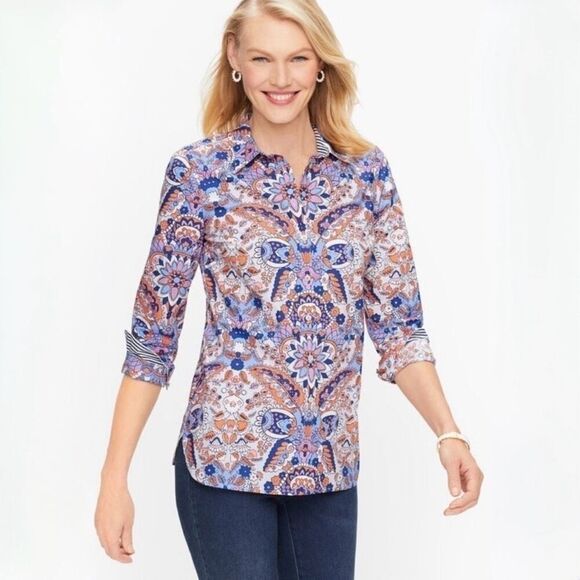 Talbots XL Classic Cotton Button Down Shirt Royal Palm Paisley Orange Blue - Picture 1 of 12